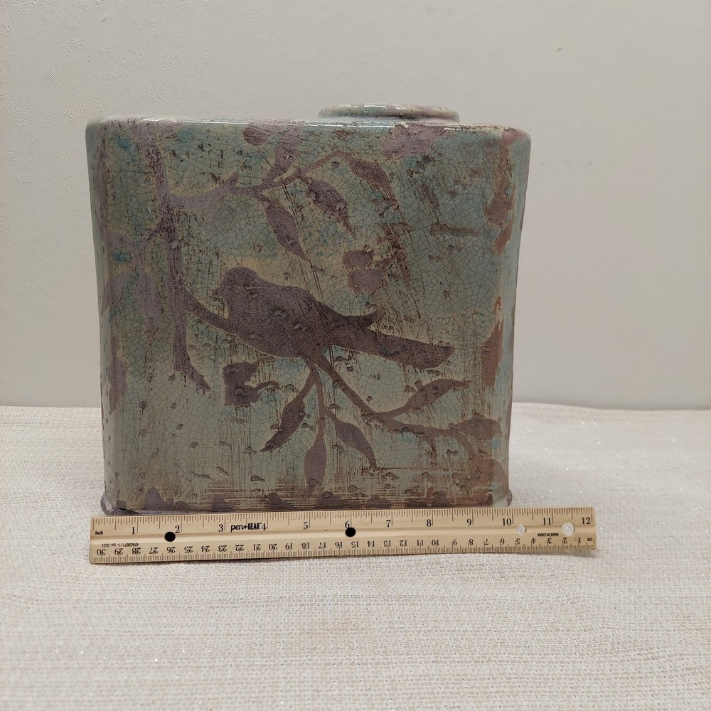 Uttermost Bird on Branch Ceramic Vase Rectangular Teal Brown Crackle Glaze 10in‎ - Picture 8 of 9